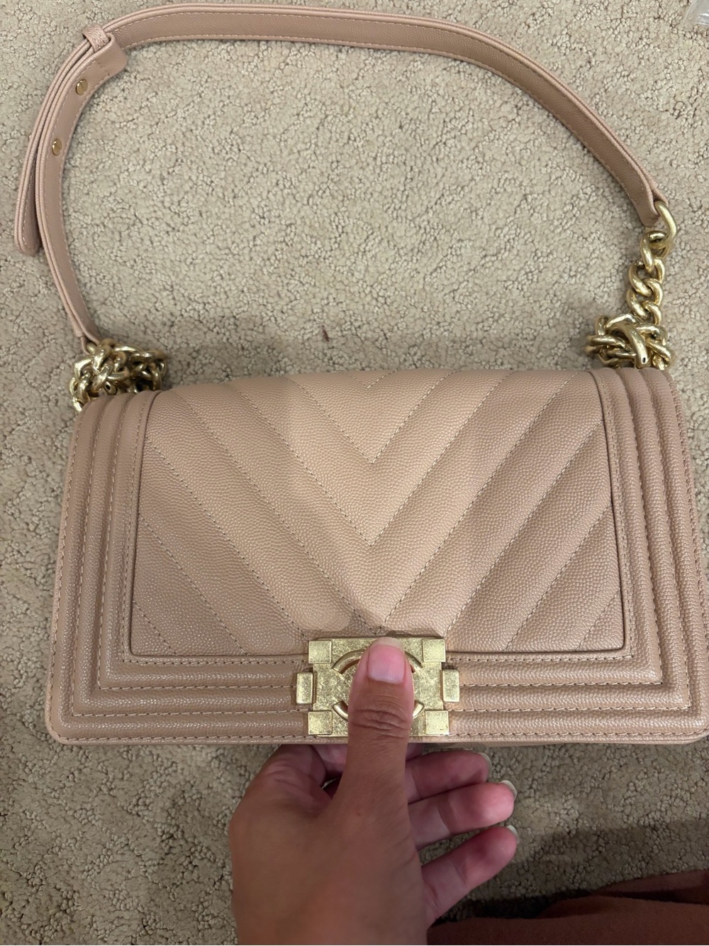 Women's Chevron Boy Quilted Shoulder Bag in Nude Pink with Gold Hardware